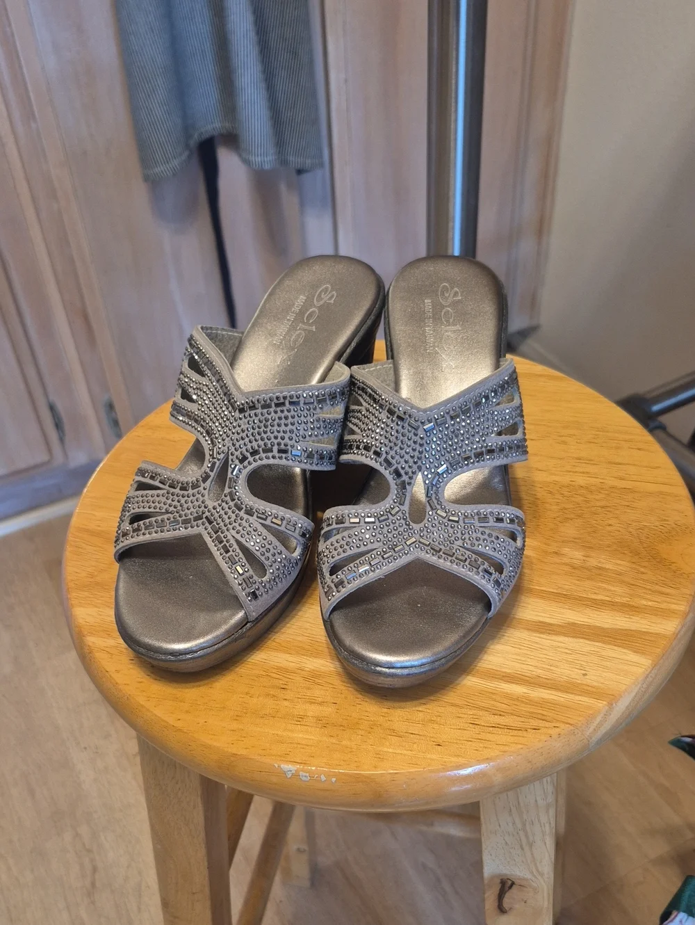 Selex Gray Beddazzled Wedge Heels